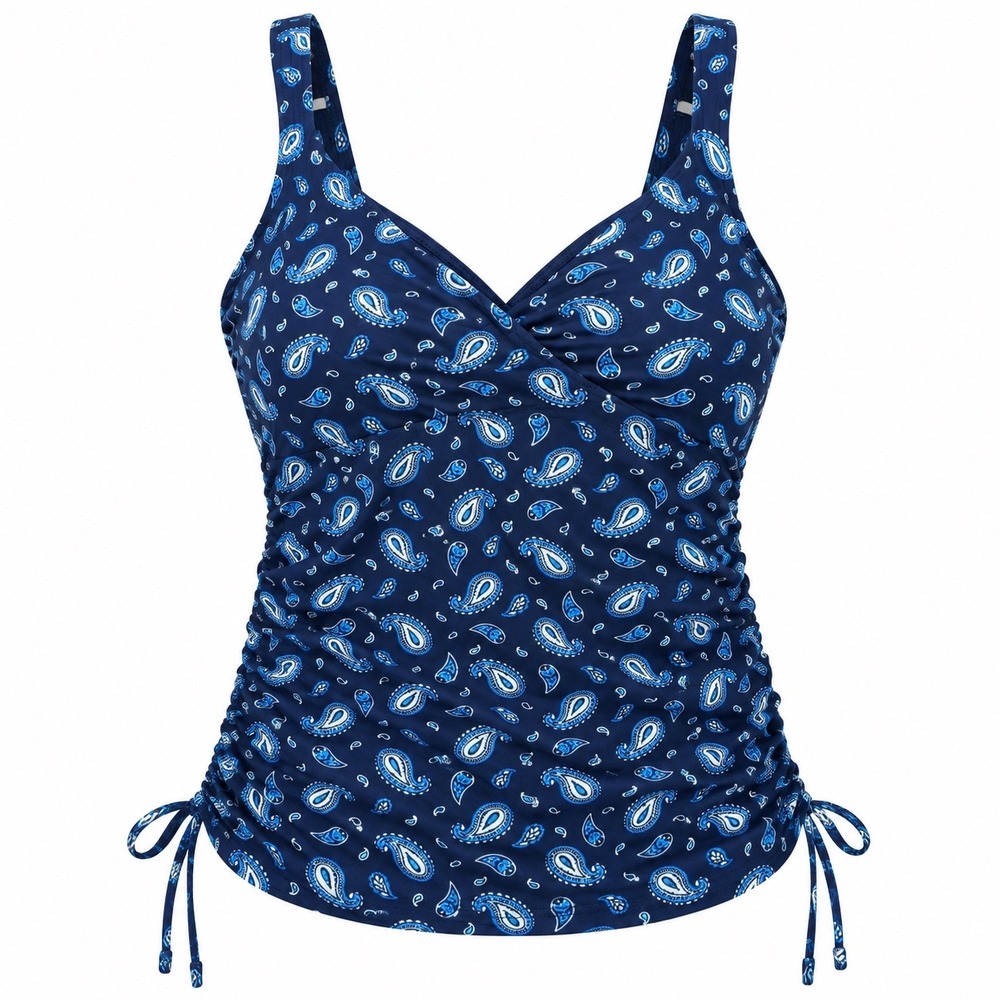 Lands End Navy Blue Paisley Tankini Top Adjustable Size 12 DDD Bikini swim beach